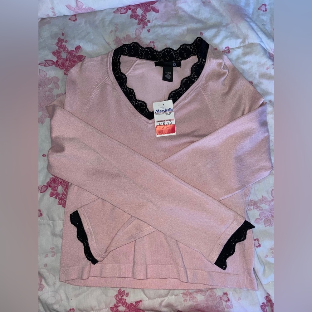 New Y2K pink long sleeve tee with black lace XL